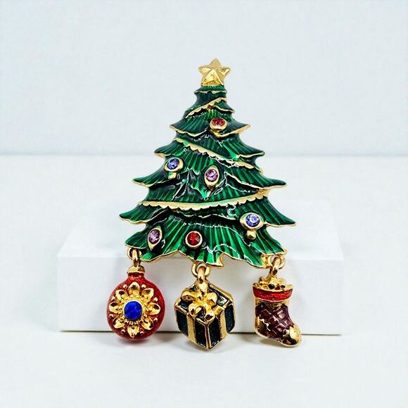 Christopher Radko Enameled Christmas Tree Brooch with Dangles & Rhinestones - Picture 3 of 5